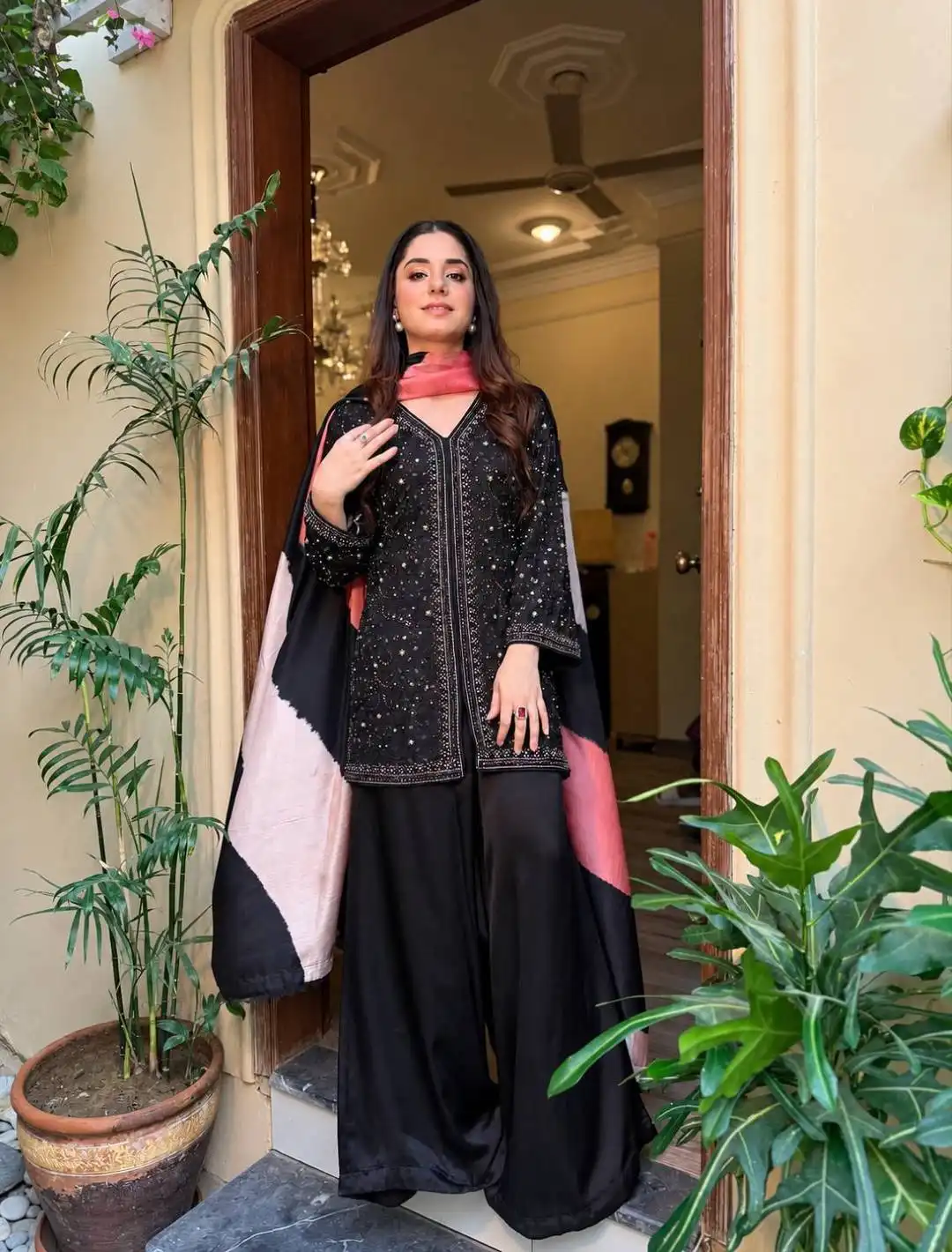 C585 1504 French Crap With Zari Embroidery Work Kurti Plazzo Dupatta Set Wholesale Surat
