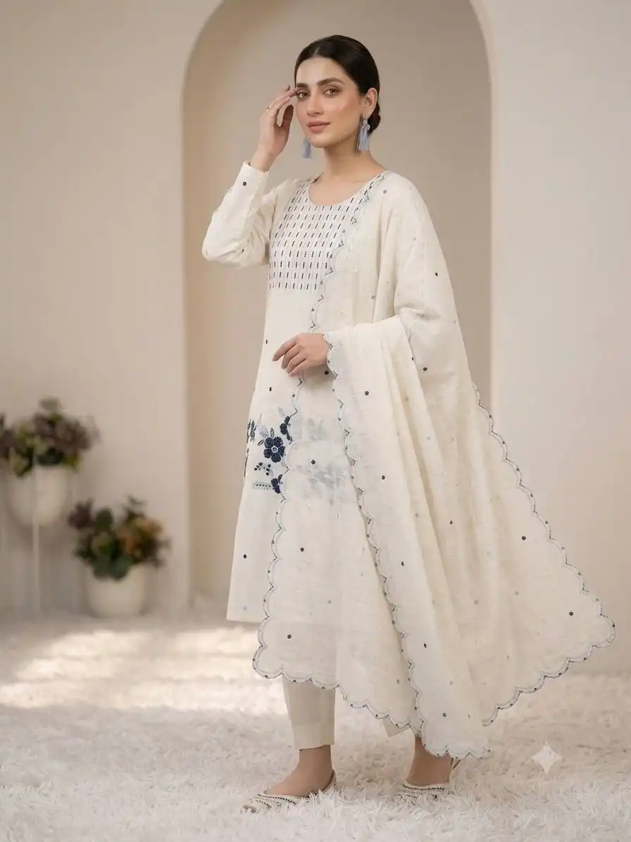 BV 505 Roman With Embroidery Work Kurti Pant Dupatta Set Wholesale Supplier