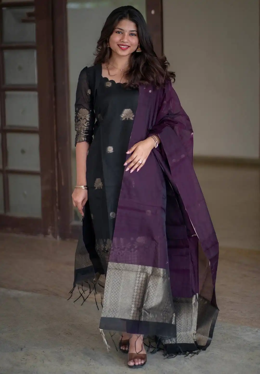 FFD Art Silk Weaving Black Top Bottom With Dupatta Set Wholesale Supplier
