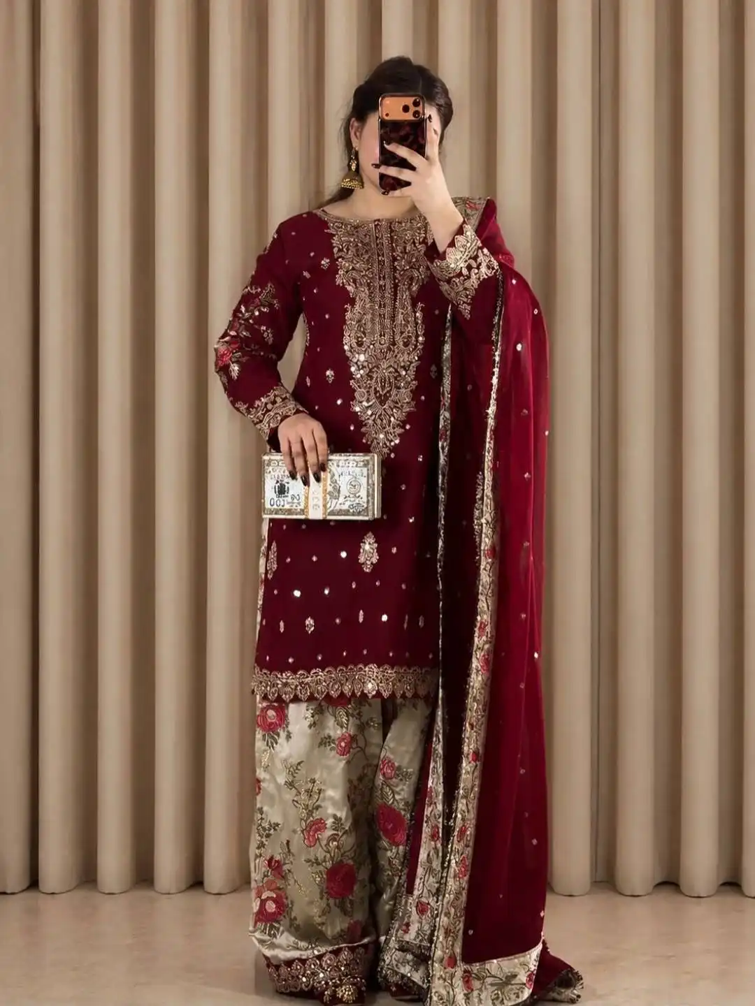C585 1505 Premium French Crap With Thread Embroidery Work Kurti Plazzo Dupatta Set Wholesale Surat