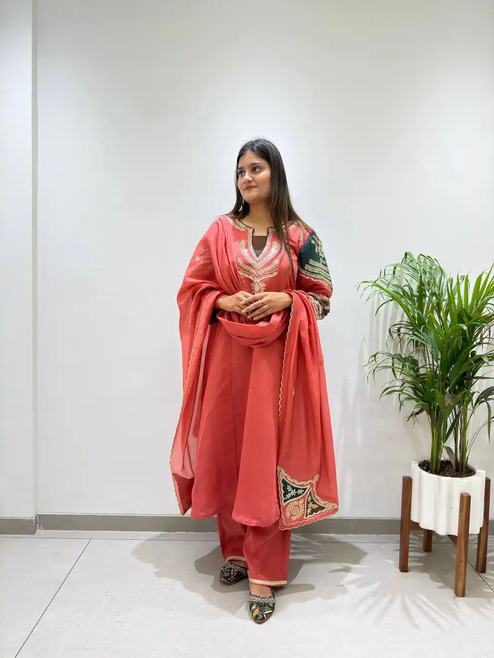 BV 509 Mul Chanderi With Embroidery Work Top Plazzo With Dupatta Set Wholesale Surat