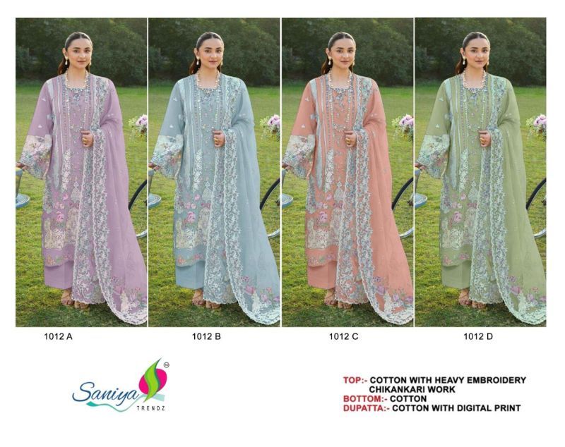 Saniya 1012 A To D Cotton Chikankari Embroidered Salwar Kameez Collection Wholesale
