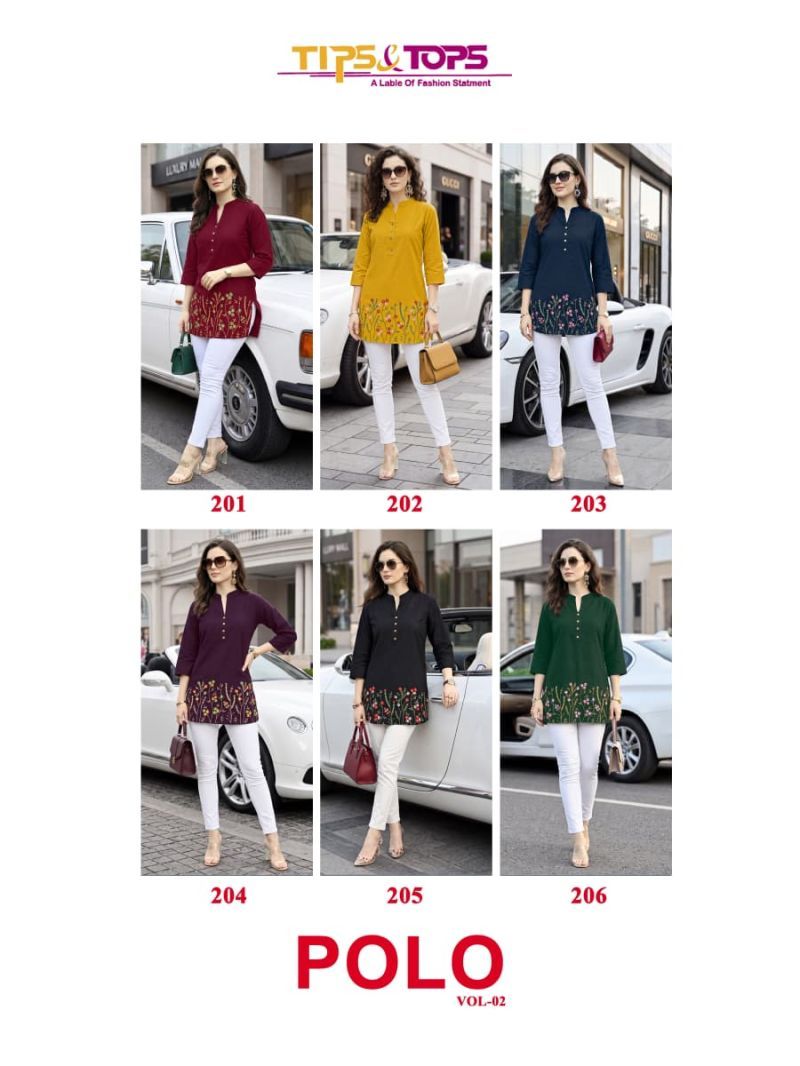 Buy Tips And Tops Polo 201 To 206 Rayon Embroidered Fancy Short Top Collection Wholesale 2026