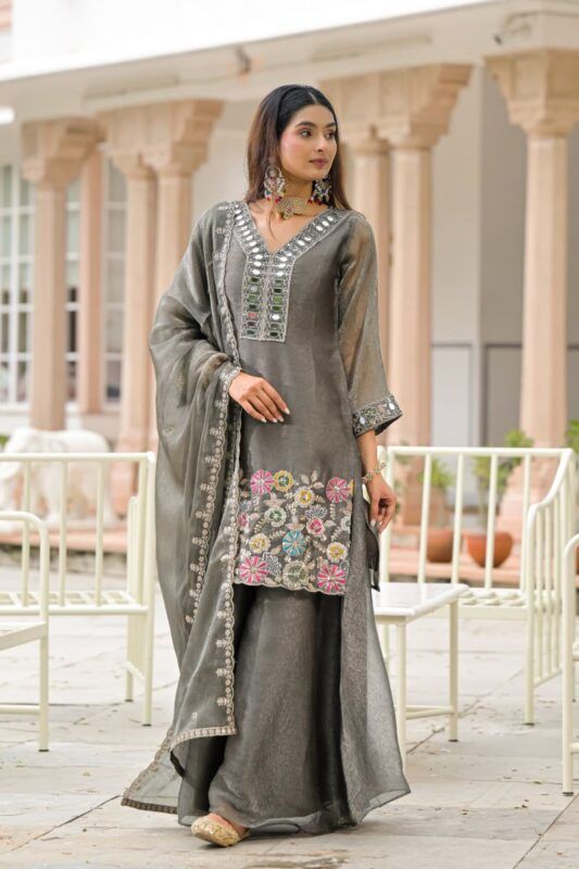 Latest Zaveri D 50134 Grey Crush Satin Beats Work Designer Salwar Suit Collection Wholesale 2026