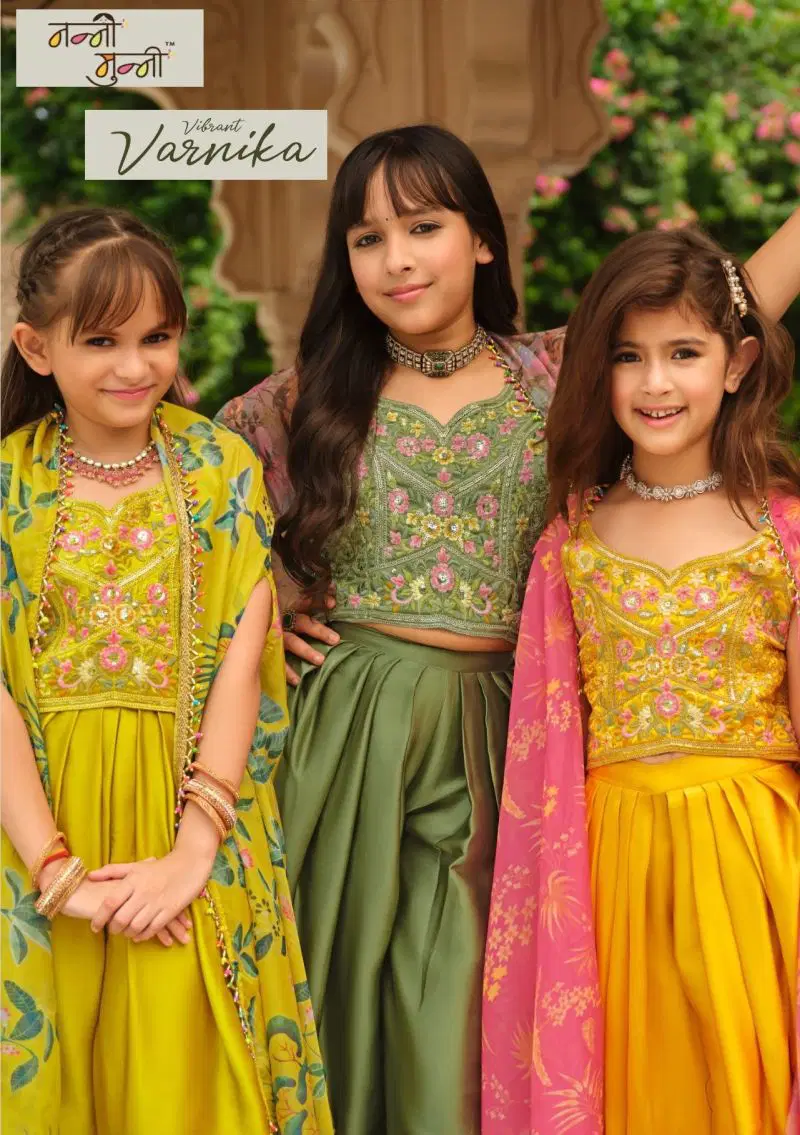 Nanni Munni Varnika Satin Silk Embroidered Kids Top Bottom With Shrug Collection Wholesale