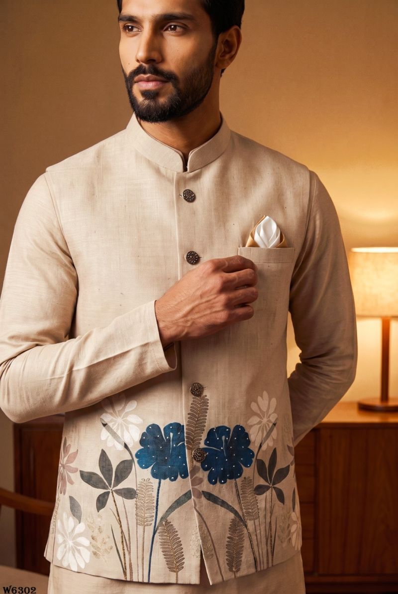 Buy Outluk Wedding 63 Linen Digital Print Hand Work Designer Modi Jacket Collection Wholesale 2026