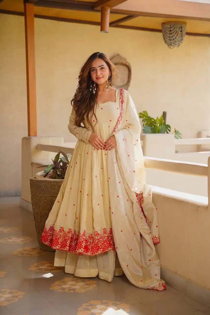 STD 6129 Heavy Silk With Embroidery Sequins Work Gown Sarara Dupatta Set Wholesale Surat