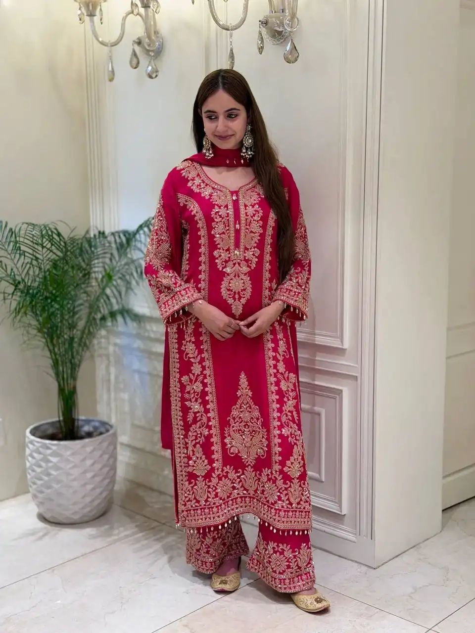 Sanvi 5365 Heavy Faux Georgette With Heavy Embroidery Work Top Plazzo Dupatta Set Wholesale Surat