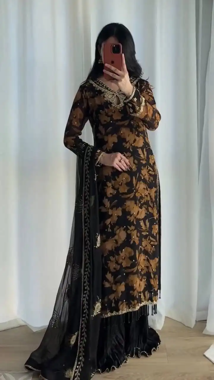 Sabina 5366 Faux Georgette With Embroidery Sequence Work Top Plazzo Dupatta set Wholesale Surat