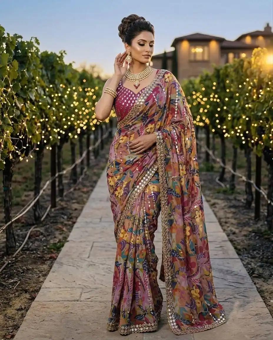 SBD 1871 Star Georgette With Beads & Real Mirror Digital Print Work Saree Wholesale Supplier