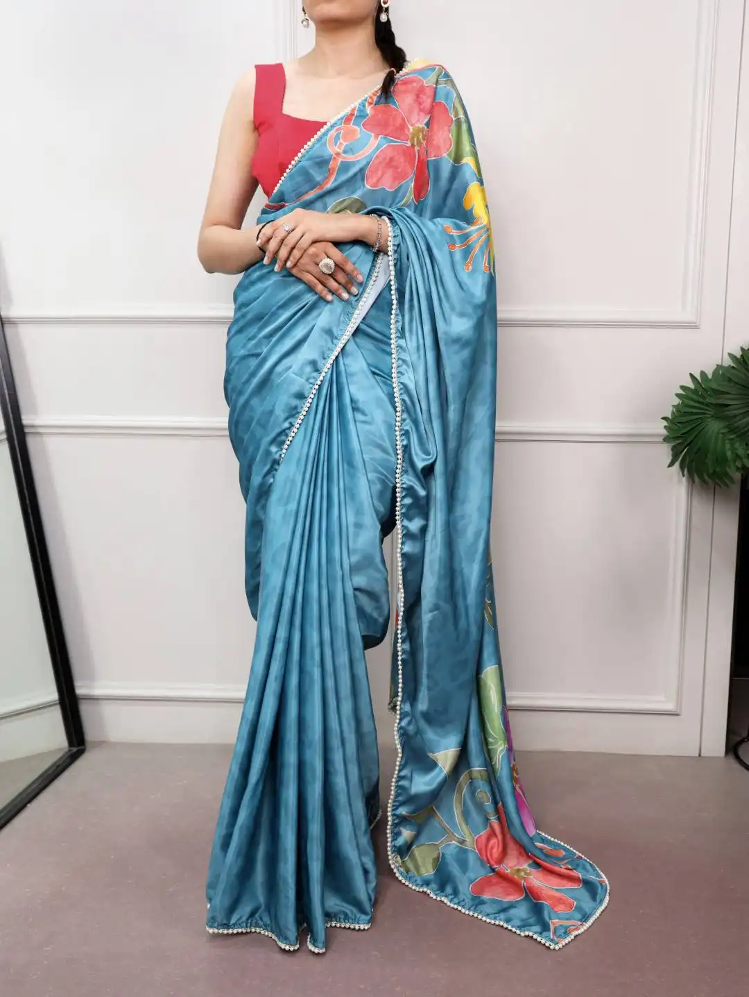WMN 7023 Satin Silk With Printed and Pearl Lace Border Saree Wholesale Supplier