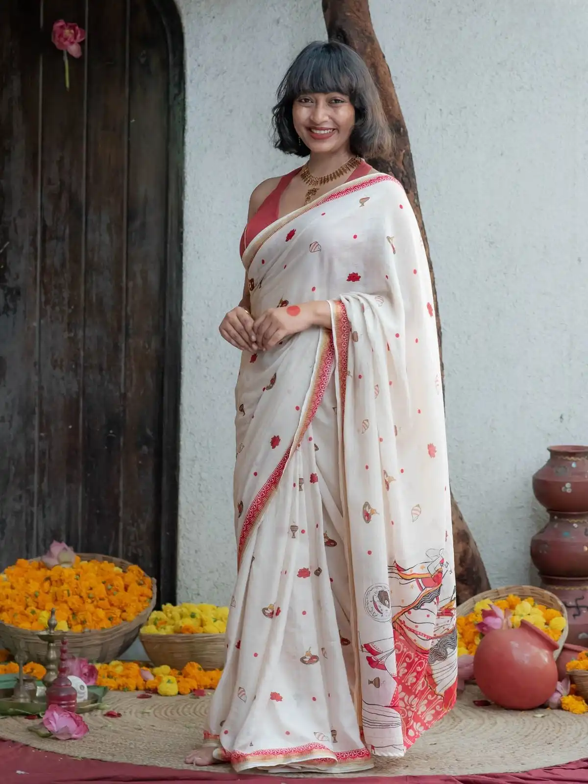 MNG 696 Soft Linen Gold Zari Border With Digital Print Durga Puja Saree Wholesale Supplier