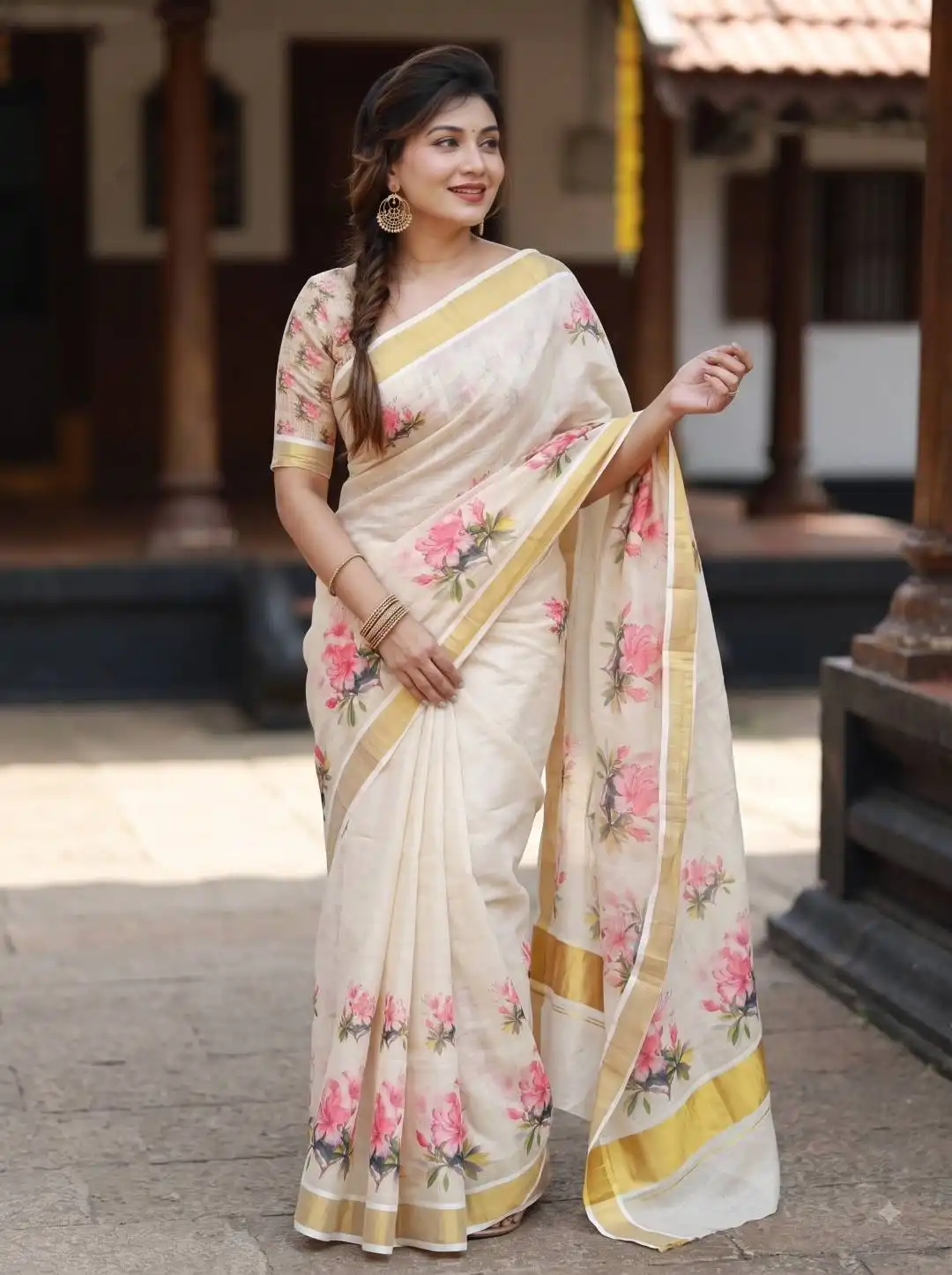 MNG 698 Chiku Linen With Gold Jari Border & Digital Print Kerala Saree Wholesale Surat