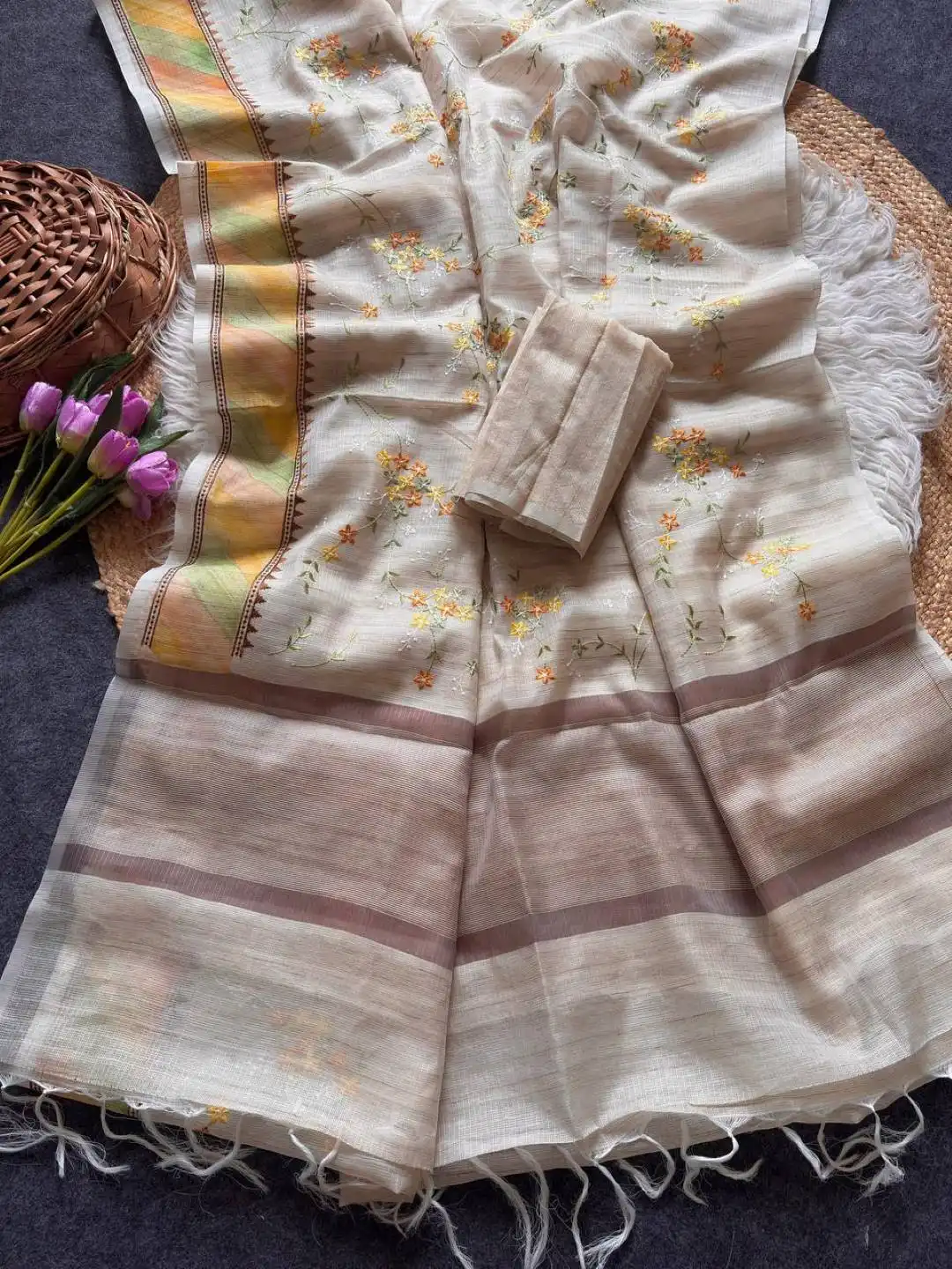 MHV Akira 1001 Soft Tusser Bamboo Silk With Embroidery Work Saree Wholesale Surat