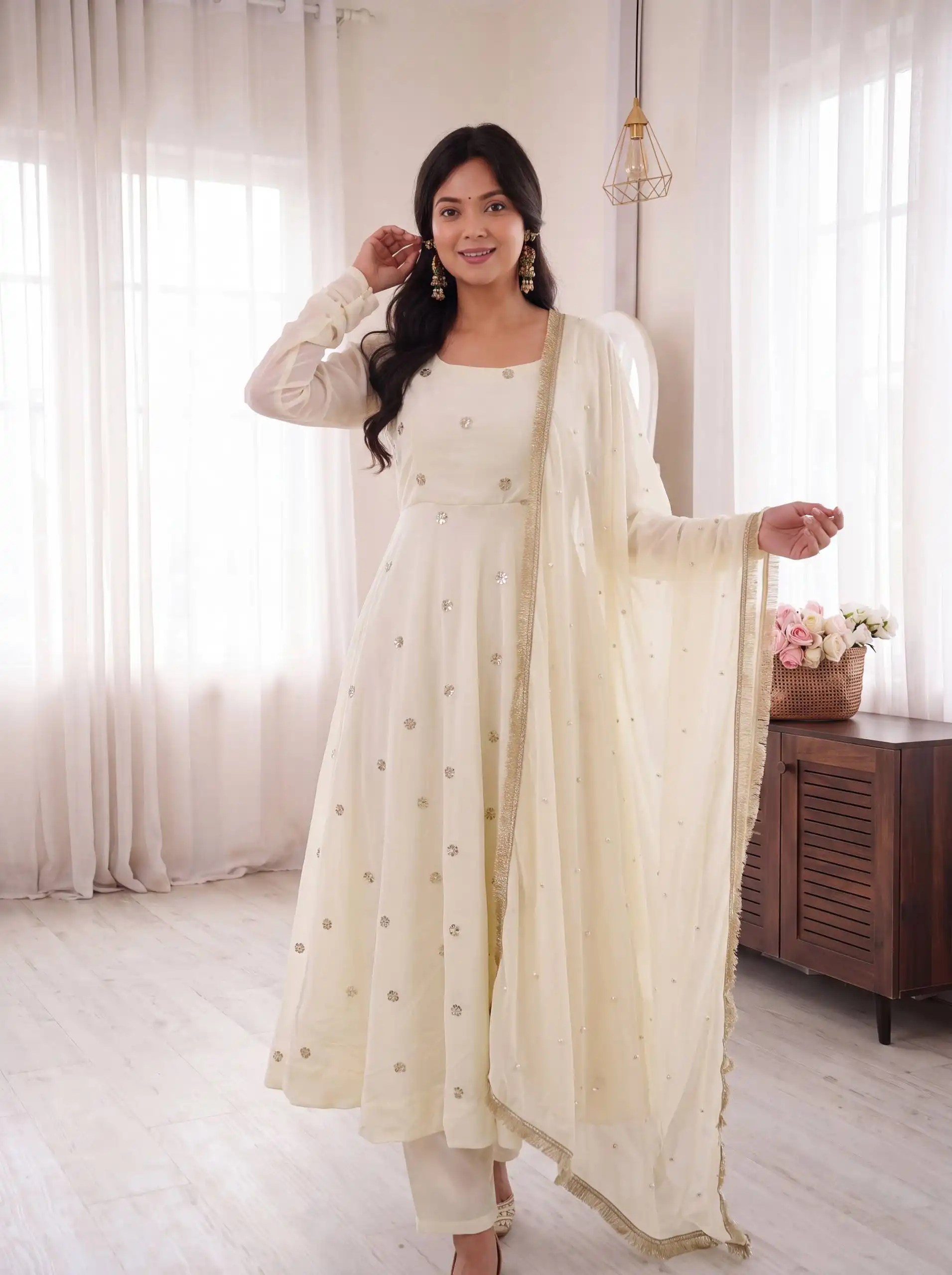 DKT 5195 French Crap Silk With Embroidery Sequence Work Gown Bottom Dupatta Set Wholesale Supplier