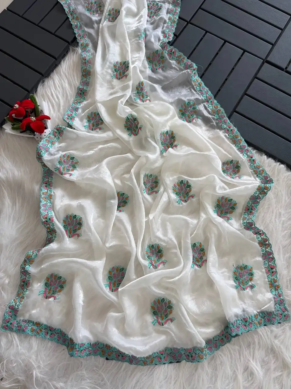 MHV Yamini 1002 Pure Soft Fandy Satin Silk With Embroidery Work of Multicolour Thread Work Saree Wholesale Surat