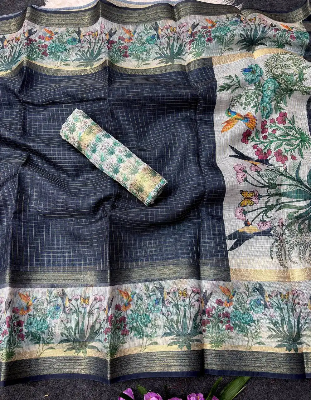 MHV Samridhi Doriya with weaving Checked Floral & Bird Print Saree Wholesale Surat