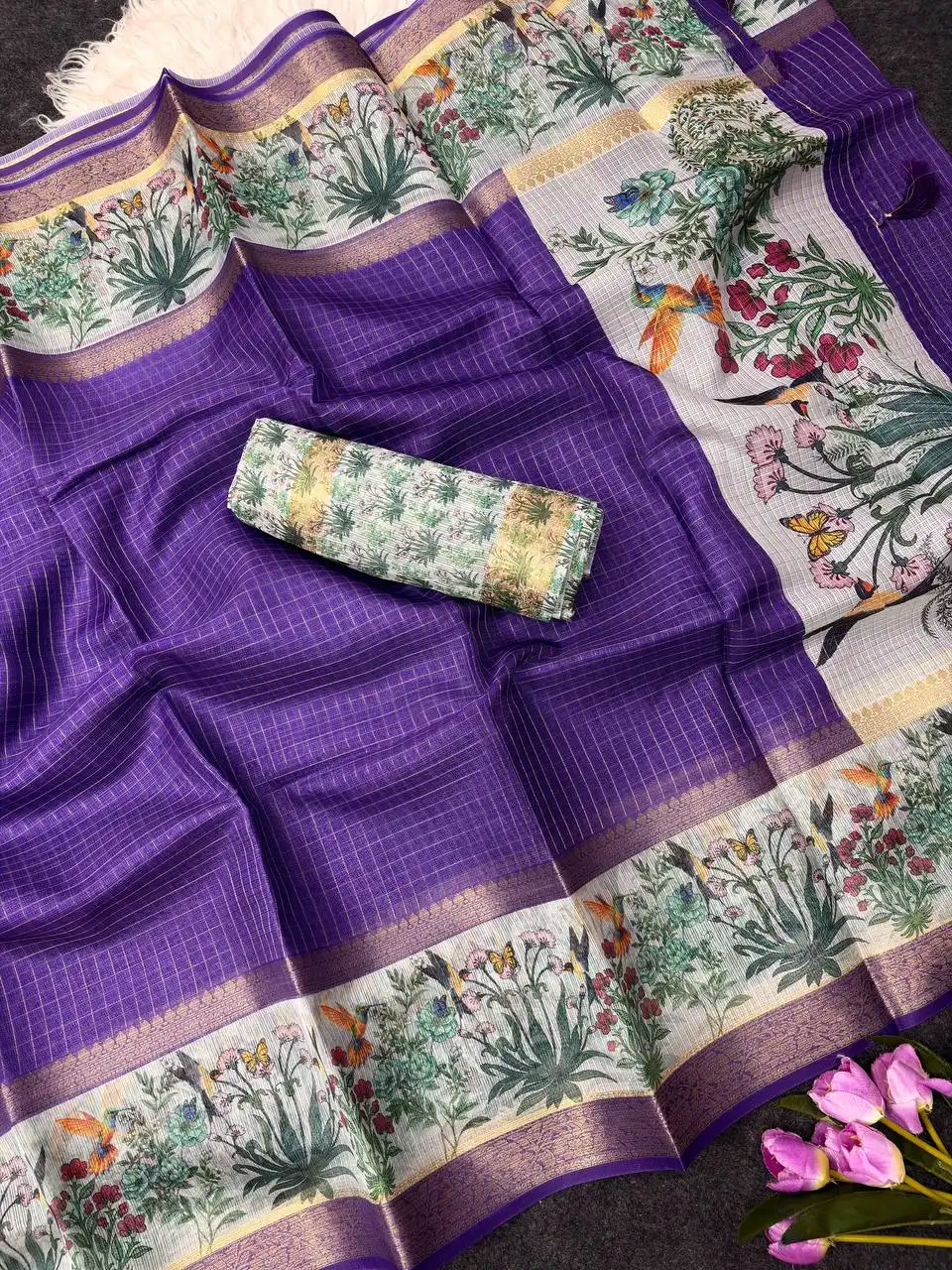 MHV Samridhi Doriya with weaving Checked Floral & Bird Print Saree Wholesale Surat