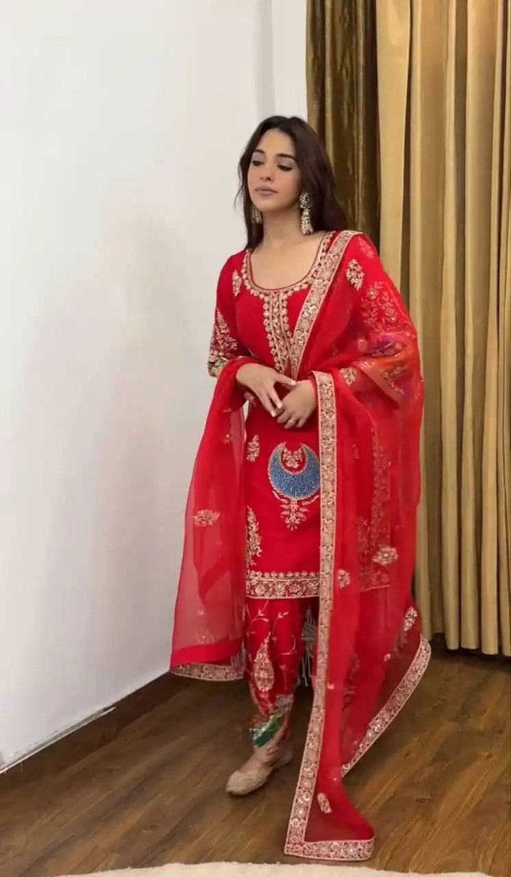 MRD 3062 Heavy Natural Crap Silk With Embroidery Work Top Pant Dupatta Set Wholesale Surat