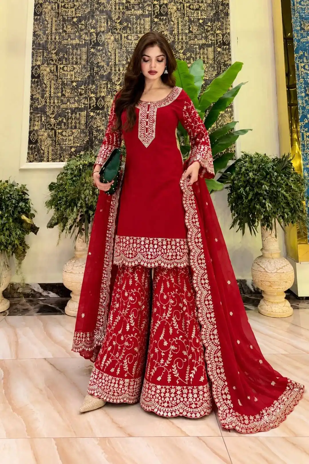 C585 1511 Fax Georgette With Zari Embroidery Work Kurti Plazzo Dupatta Set Wholesale