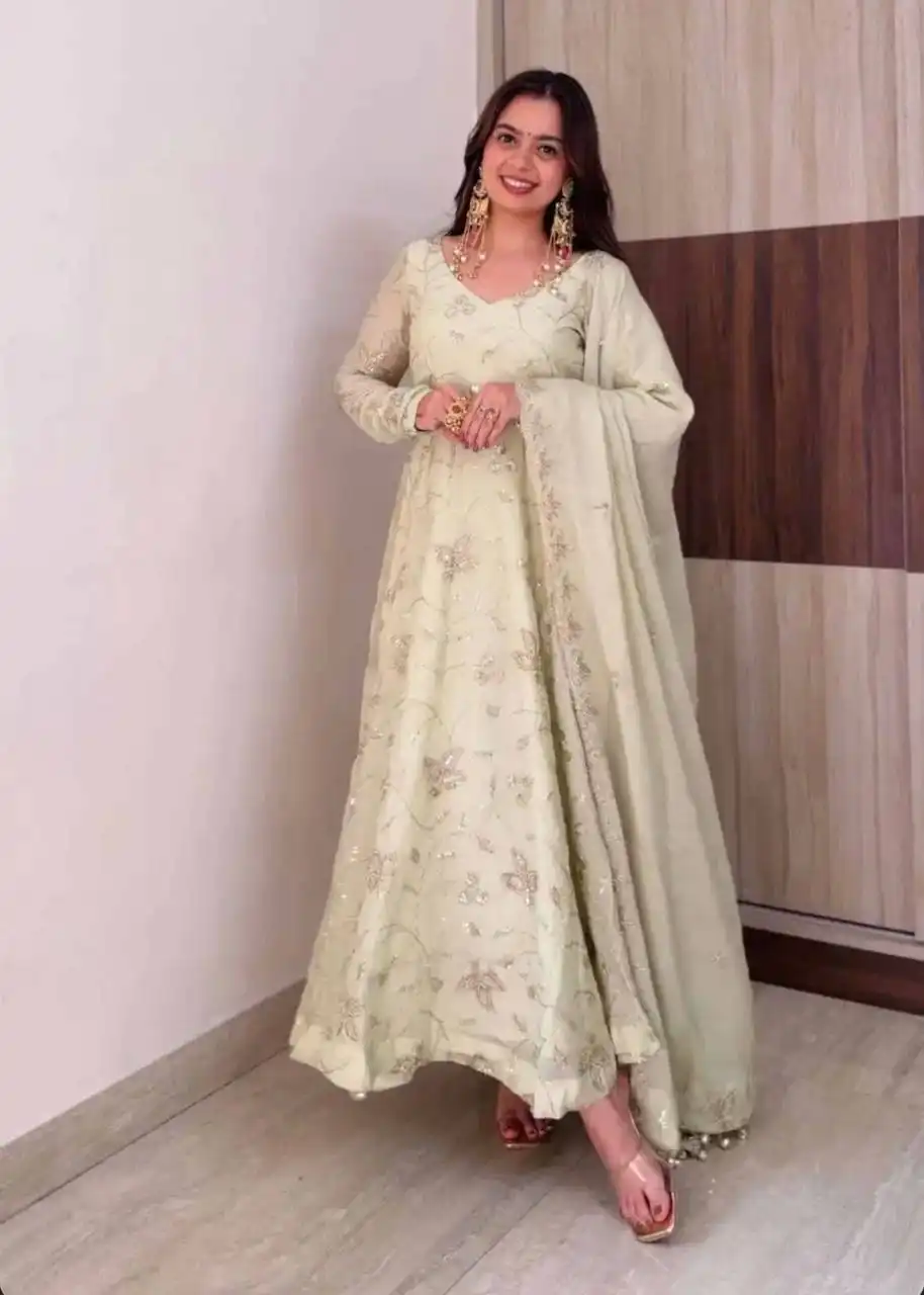 Sabina 5374 Fandy Silk With Sequence Embroidery Work Gown Bottom Dupatta Set Wholesale Surat