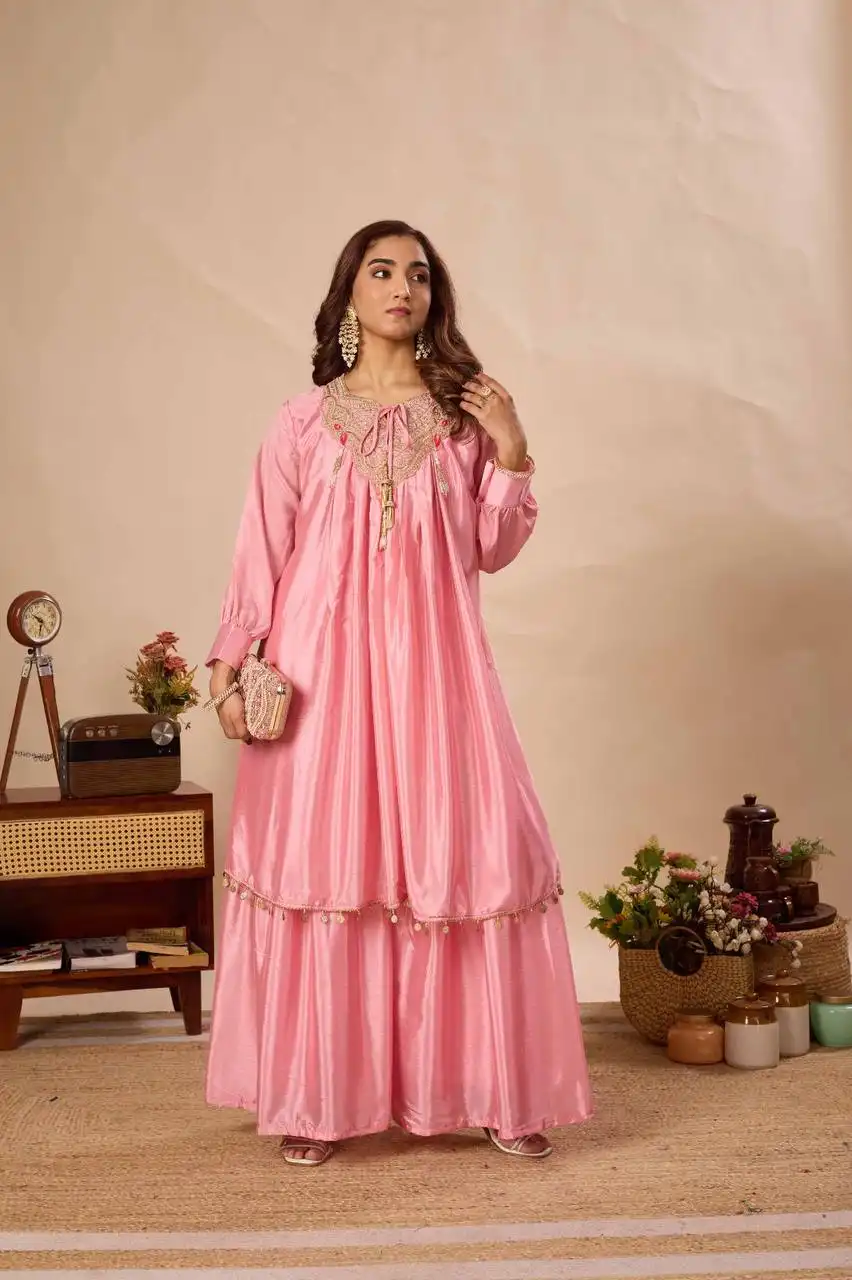 BV 434 Pure Chinon With Embroidery Work Top Plazzo Sarara Set Wholesale Supplier