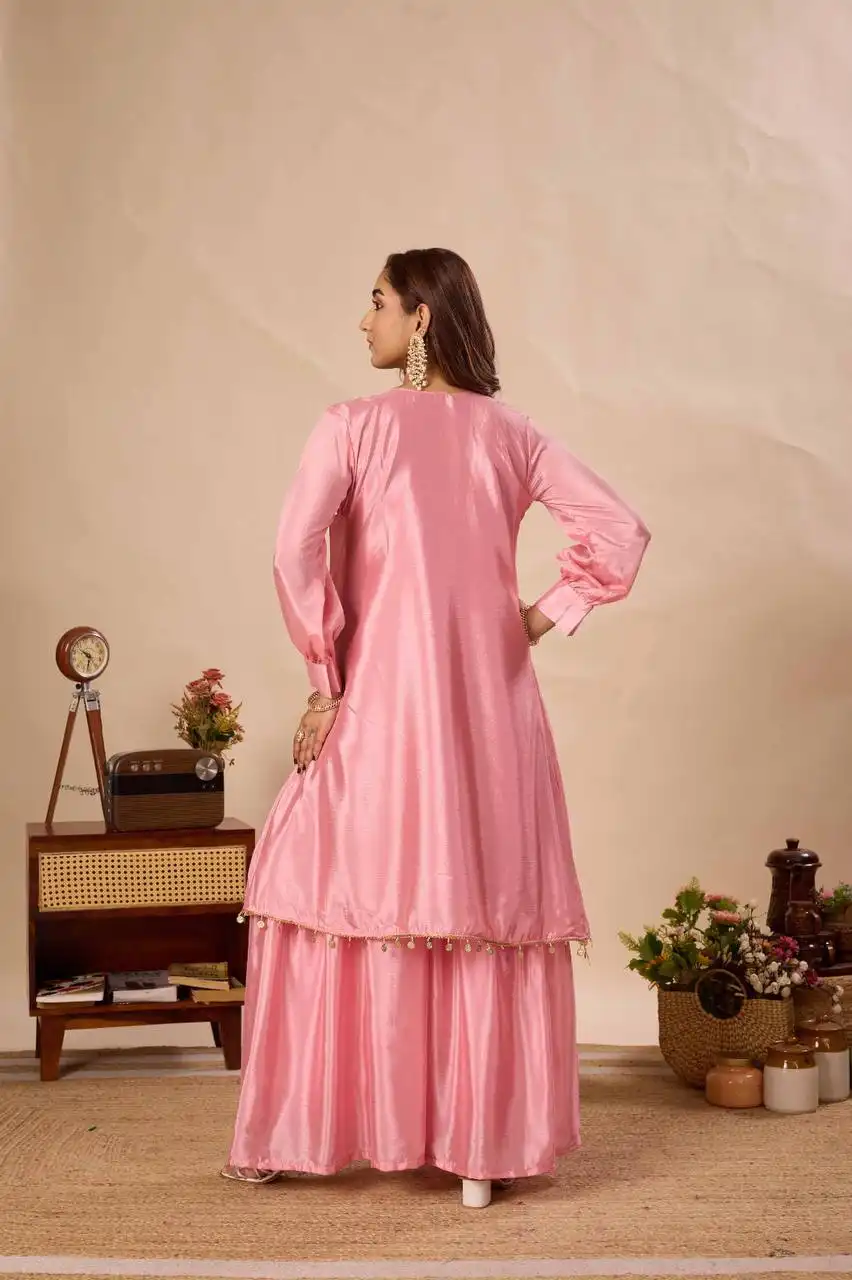 BV 434 Pure Chinon With Embroidery Work Top Plazzo Sarara Set Wholesale Supplier