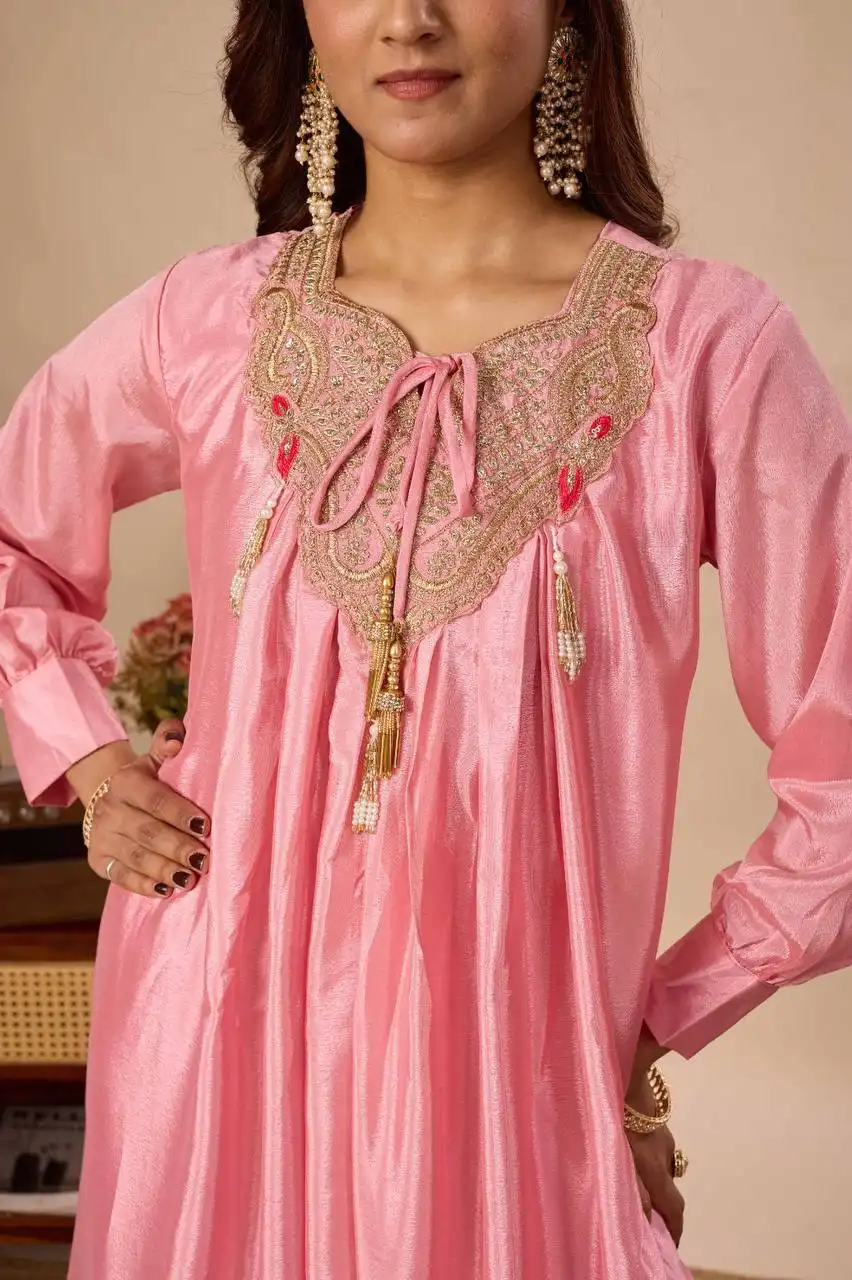 BV 434 Pure Chinon With Embroidery Work Top Plazzo Sarara Set Wholesale Supplier