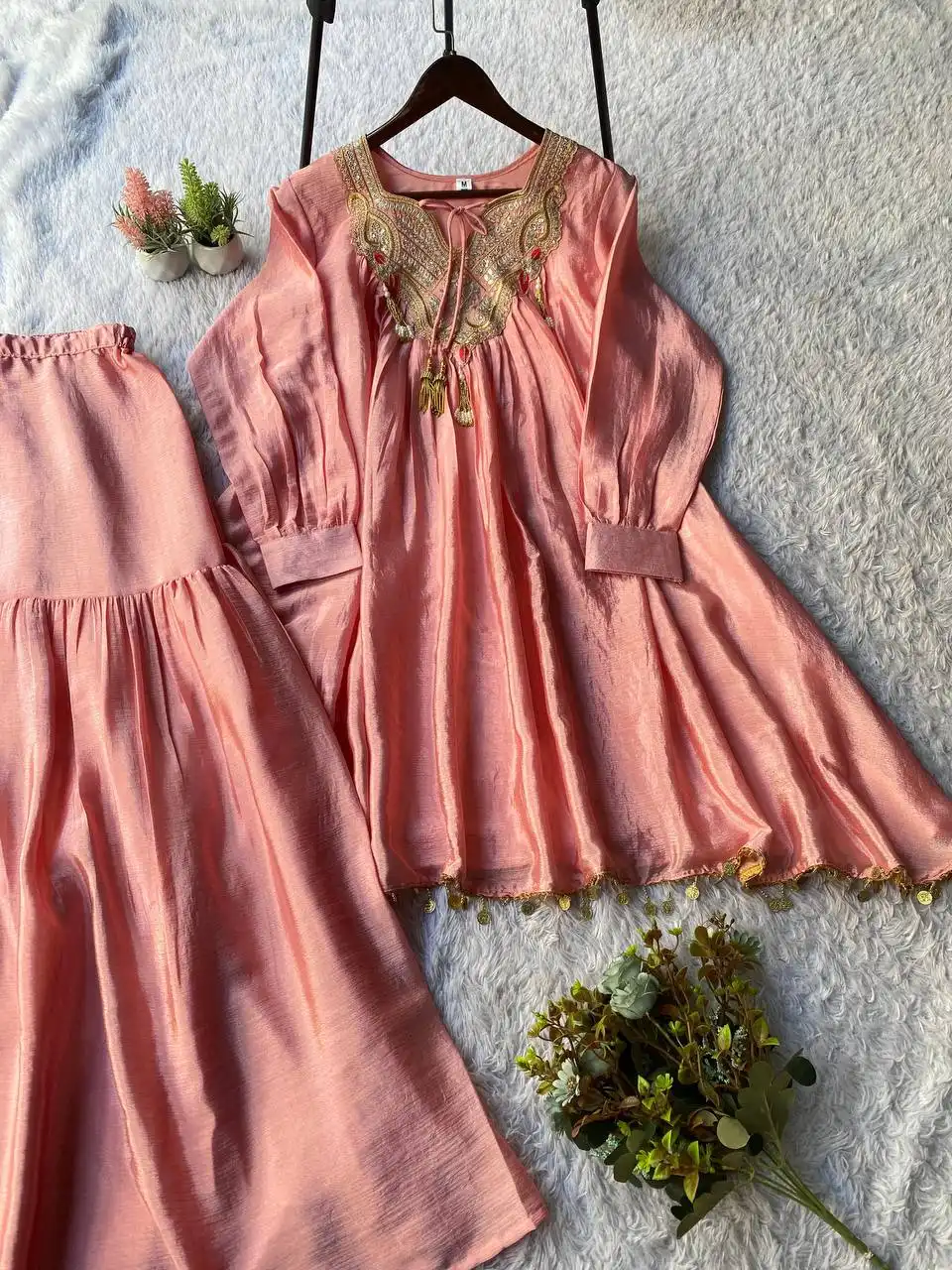 BV 434 Pure Chinon With Embroidery Work Top Plazzo Sarara Set Wholesale Supplier
