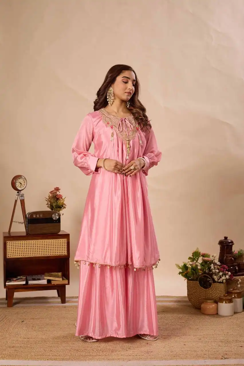 BV 434 Pure Chinon With Embroidery Work Top Plazzo Sarara Set Wholesale Supplier