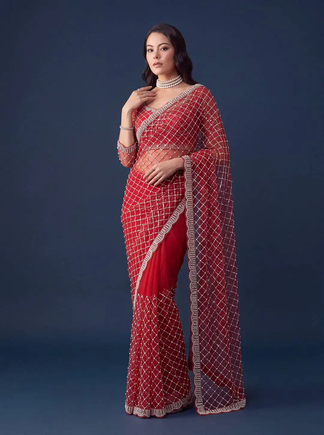 DKT 5194 Net With Bidds & Pearls Embroidery Work Saree Wholesale Supplier