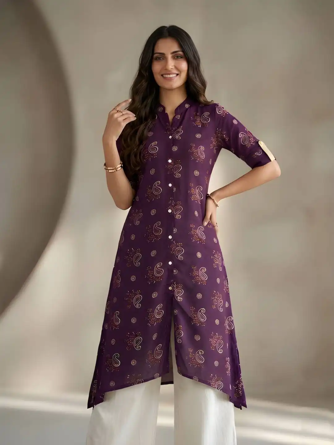 Shiv 743 Rayon Solid Flared And Fit Long Office Wear Kurti Wholesale Supplier