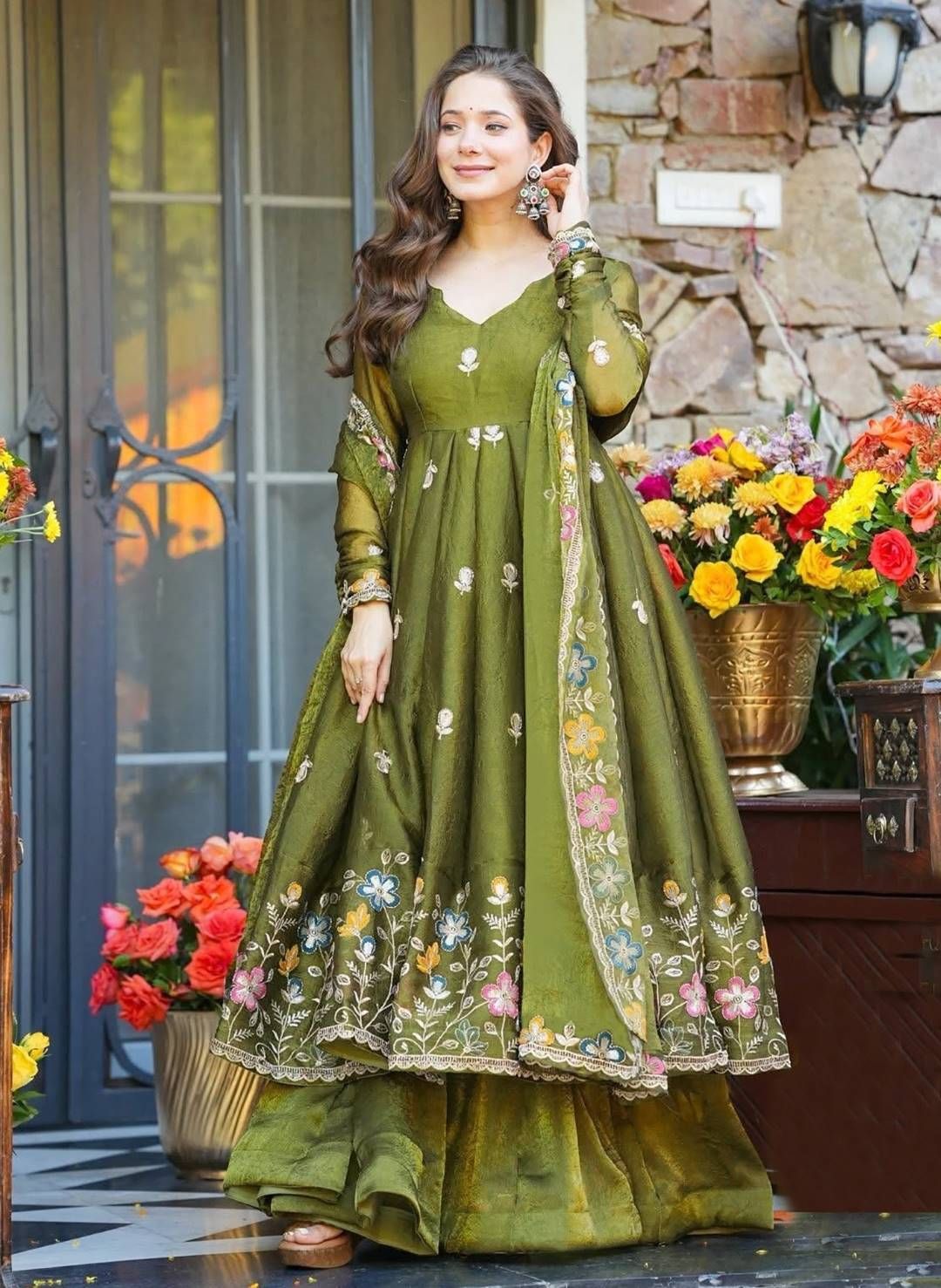 FFD 6010 Heavy Crunchy Silk With Floral Motif Thread Embroidery Anarkali Top Plazzo Dupatta Set Wholesale Surat