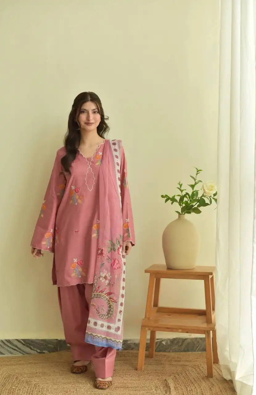 BV 514 Mul Chanderi With Embroidery Work & Cut Work Top Plazzo and Dupatta Set Wholesale Supplier