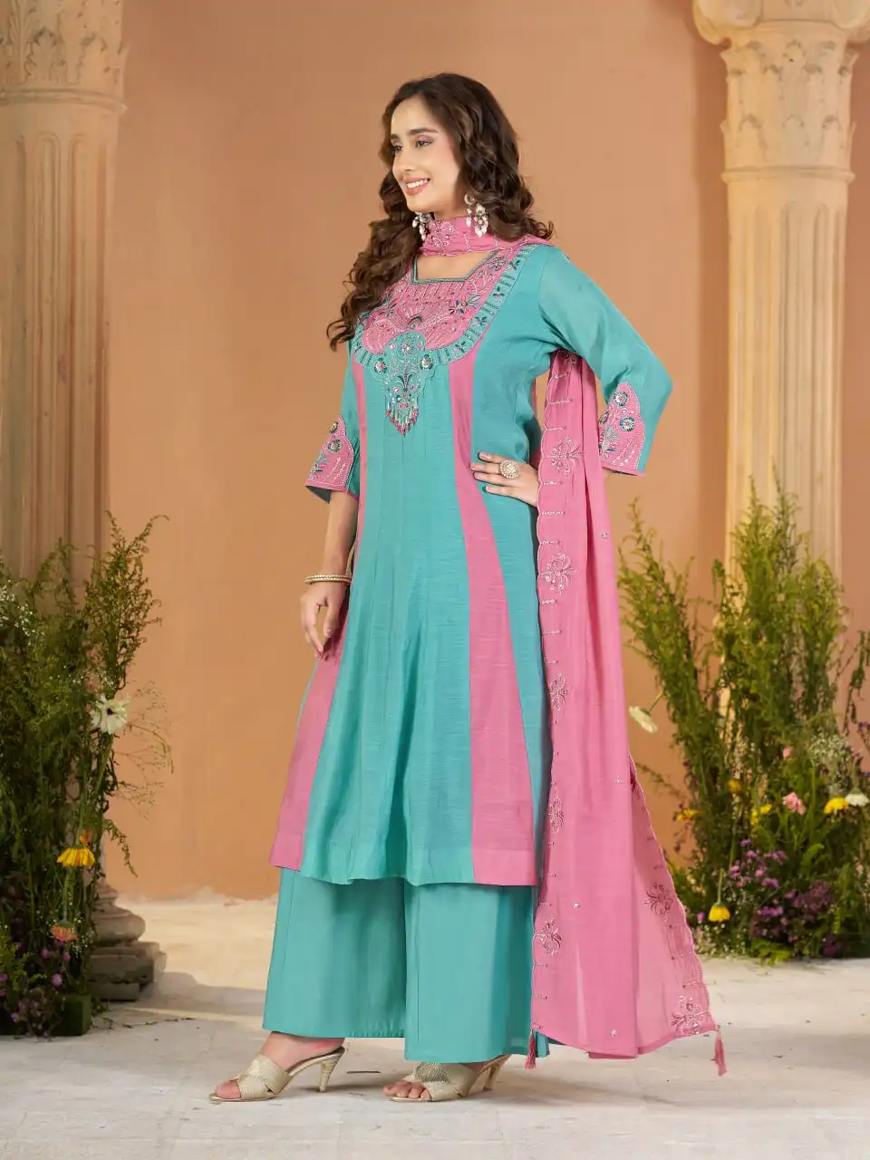 Lila 186 Mal Chanderi With Multi Embroidery Thread With Real Hand Work Top Plazzo Dupatta Set Wholesale Surat