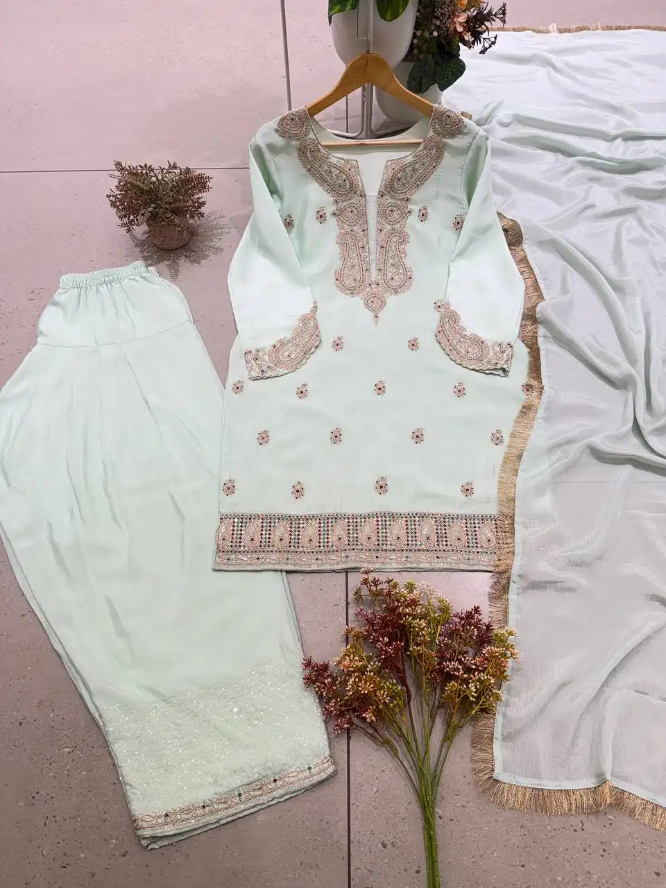 BV 515 Germane Chinon With Embroidery Work Top Plazzo Dupatta Set Wholesale Supplier