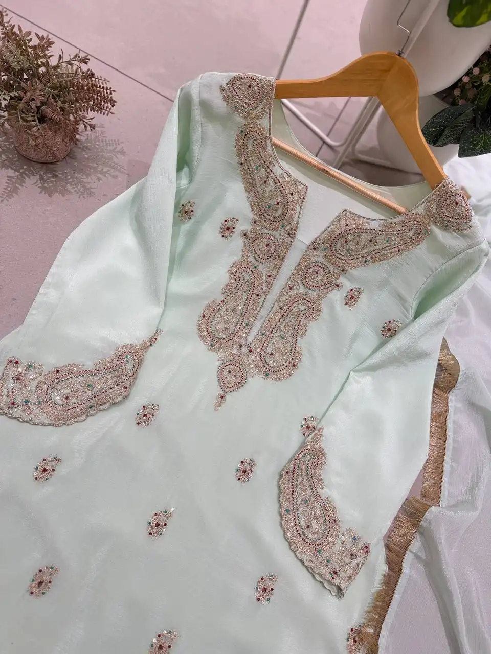 BV 515 Germane Chinon With Embroidery Work Top Plazzo Dupatta Set Wholesale Supplier
