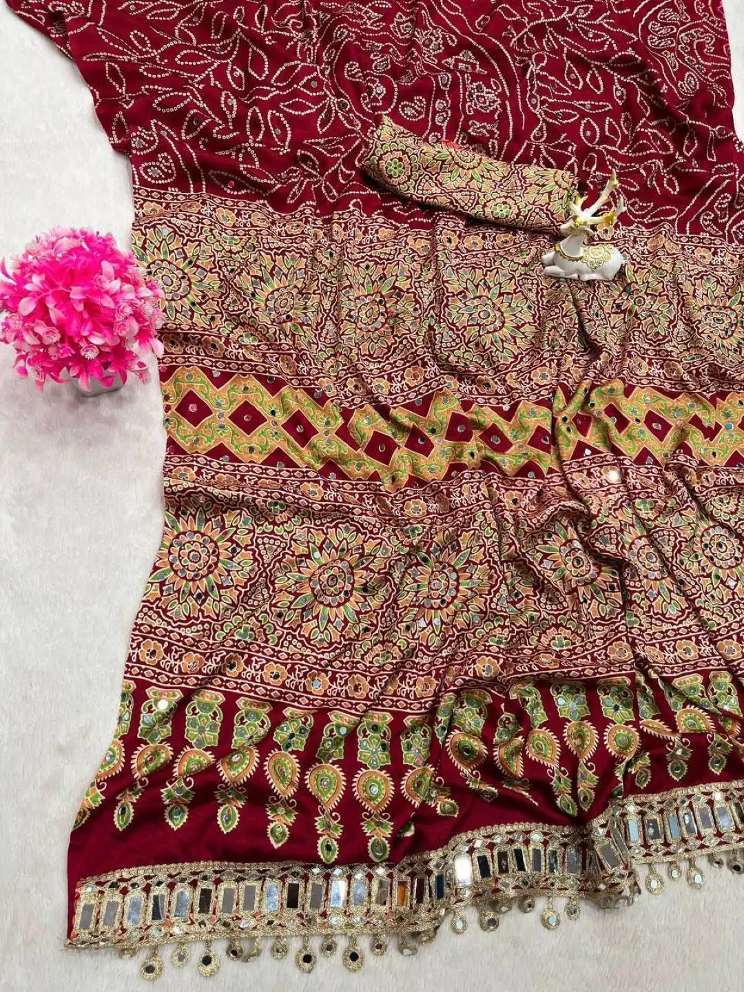 Laxmi 1113 Soft Crap Silk With Ajarakh Print With Real Mirror Work Saree Wholesale Supplier
