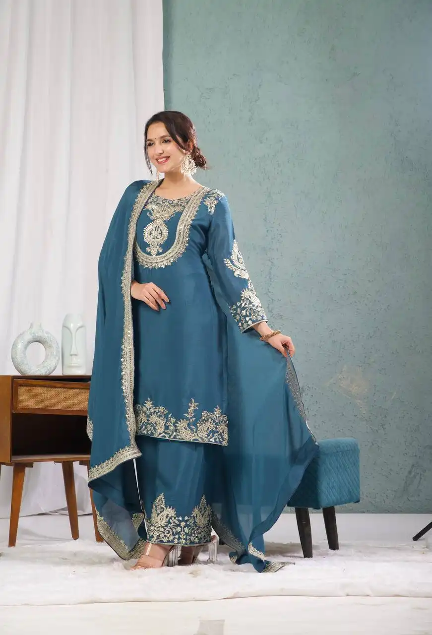 MRD 3022 Pure Heavy Chinon Silk With Heavy Embroidery Work Top Pant Dupatta Set Wholesale