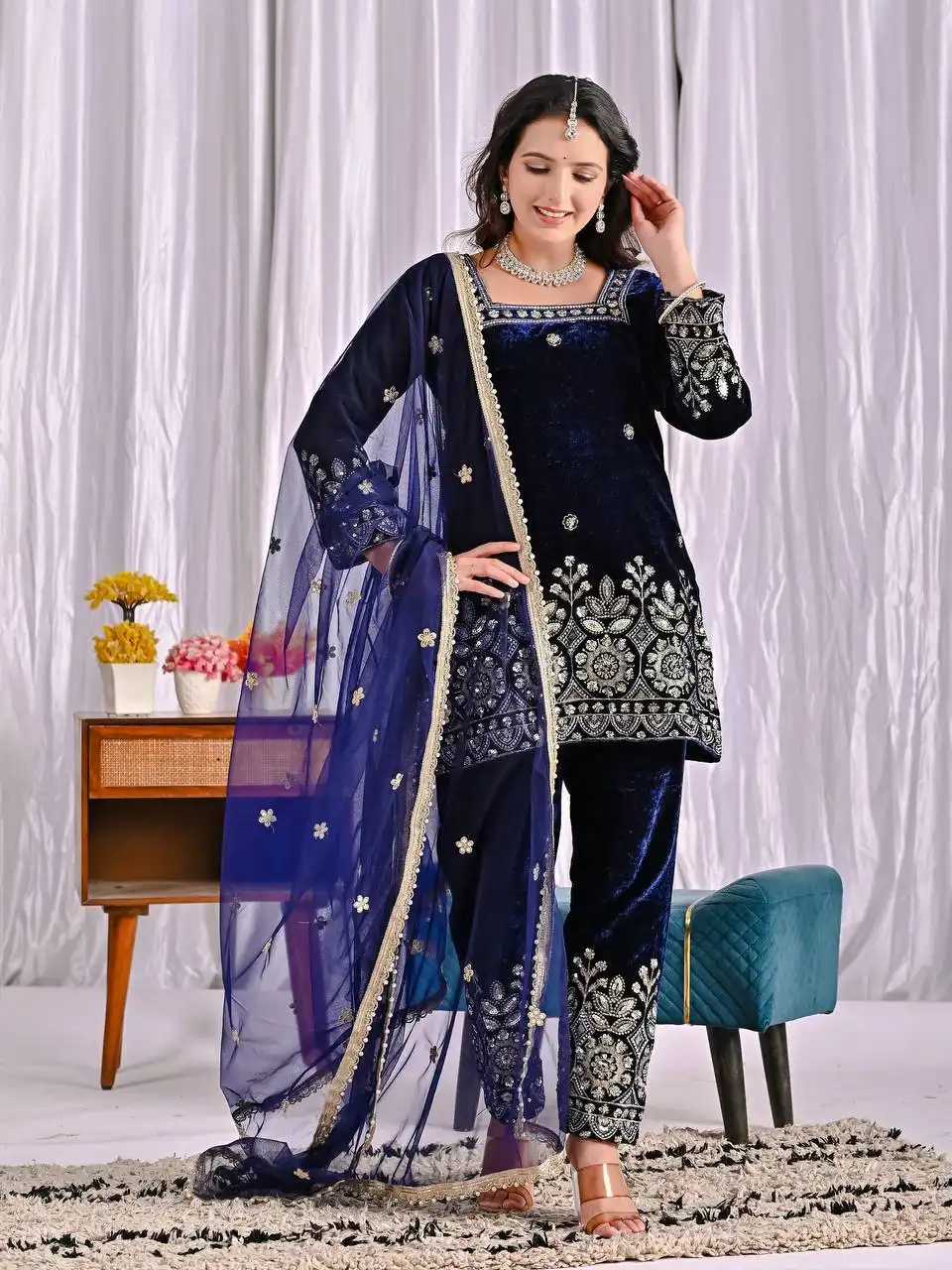 MRD 3072 Pure Velvet With Heavy Embroidery Work Top Pant Dupatta Set Wholesale Supplier