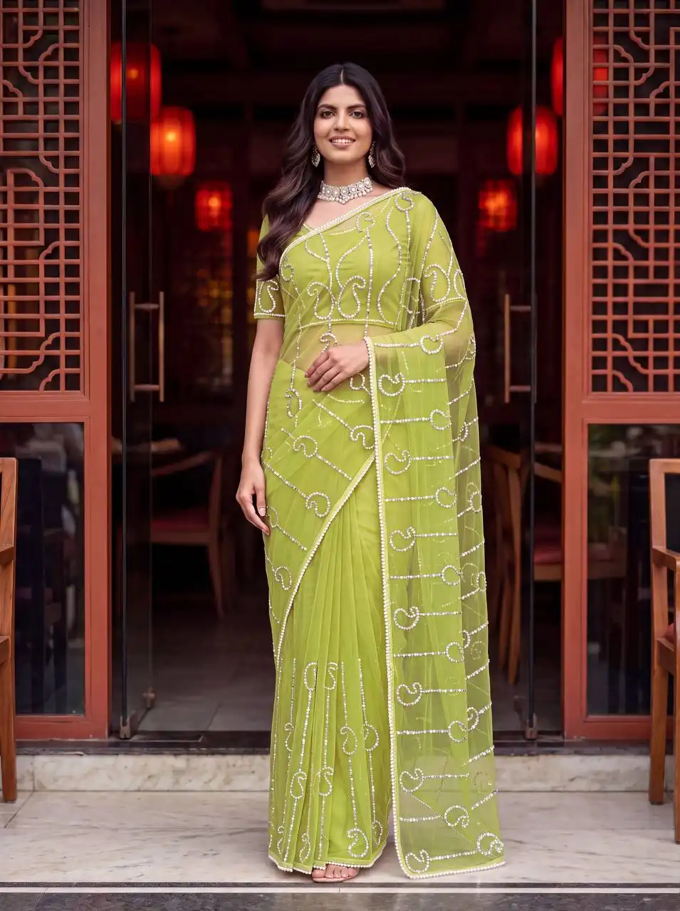 DKT 5196 Net With pearls Embroidery Work Saree Wholesale Supplier