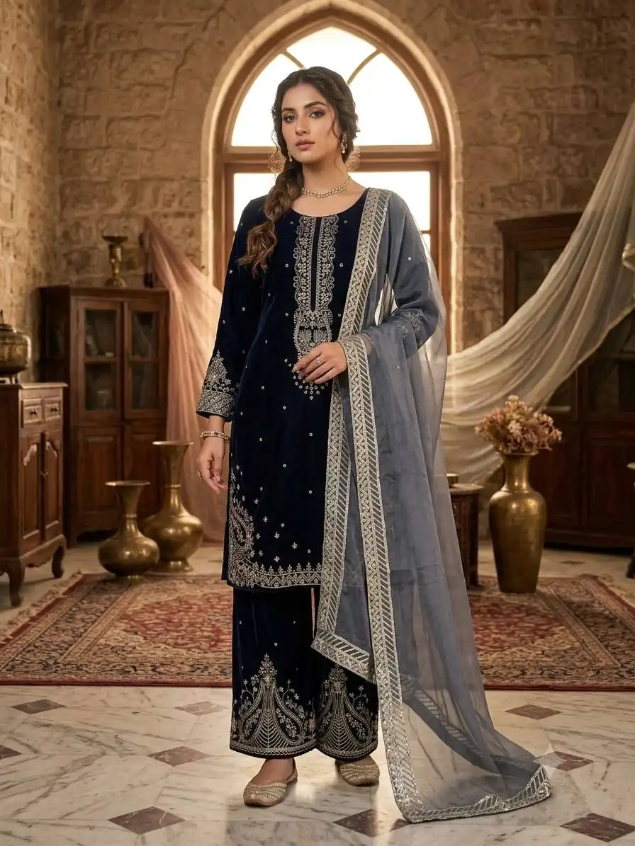 BV 516 Velvet With Sequence Embroidery Work Top Plazzo Dupatta Set Wholesale Online Surat