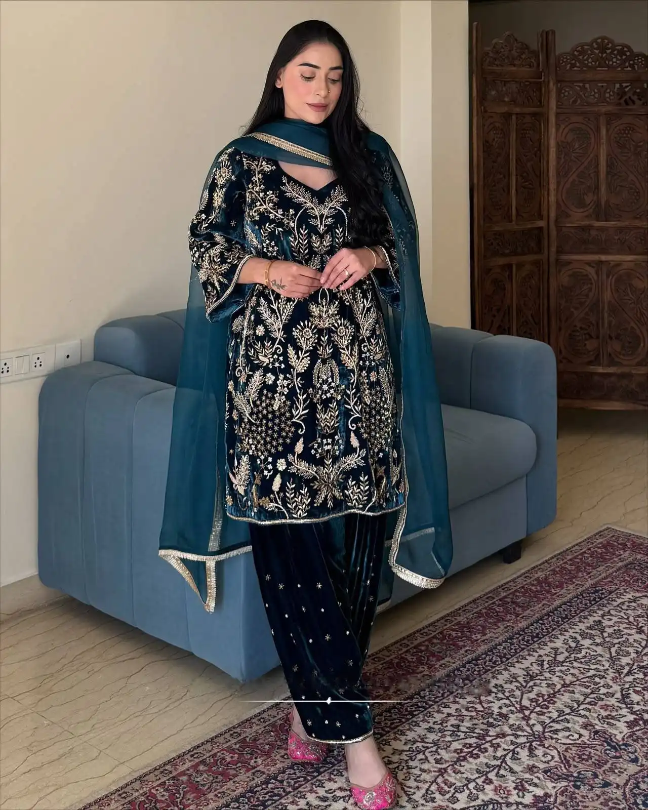 C585 1514 Premium Velvet With Zari Embroidery Work Kurti Plazzo Dupatta Set Wholesale Surat
