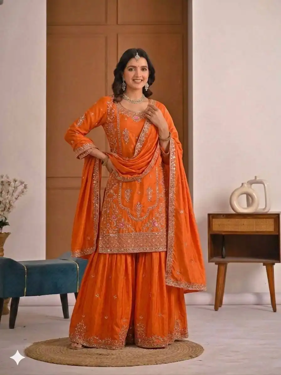 MRD 3049 Natural Crap With Sequence Embroidery Work Top Plazzo Dupatta Set Wholesale Surat