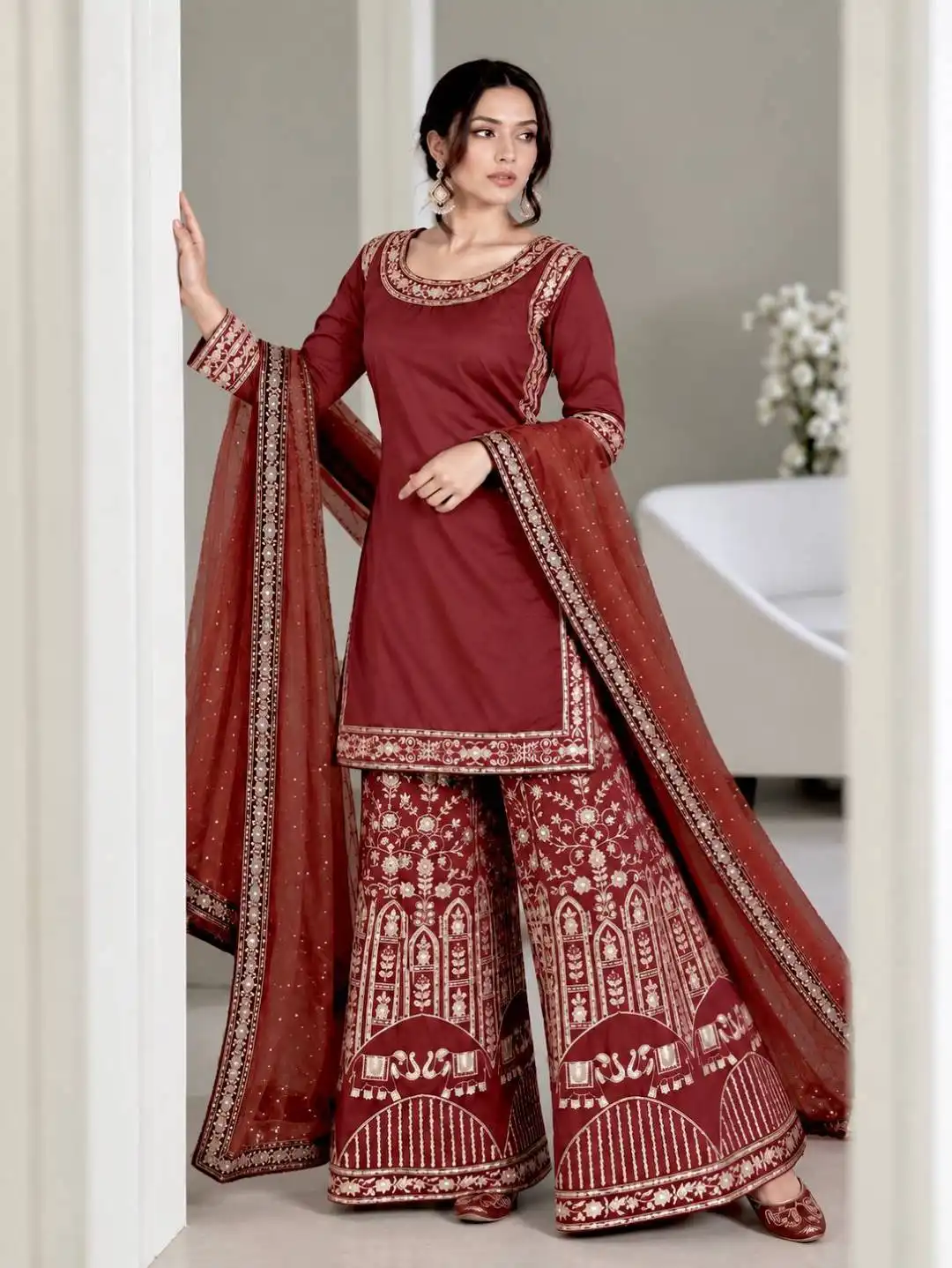 C585 1515 French Crap With Zari Embroidery Work Sharara Suit Wholesale Surat