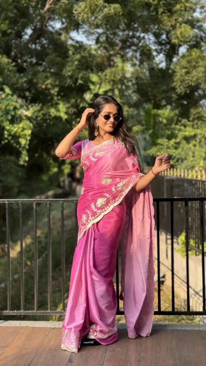 RRD 1027 Chinon With Digital Print Ribbin Embroidery Work Saree Wholesale Supplier