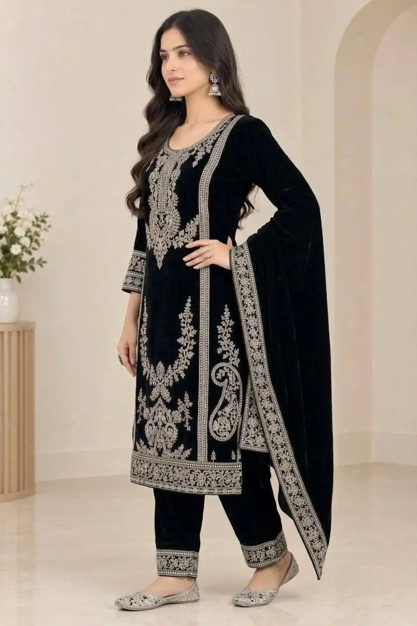 MRD 3025 Pure Heavy Viscous Velvet With Heavy Embroidery Work Top Pant Dupatta Set Wholesale Supplier