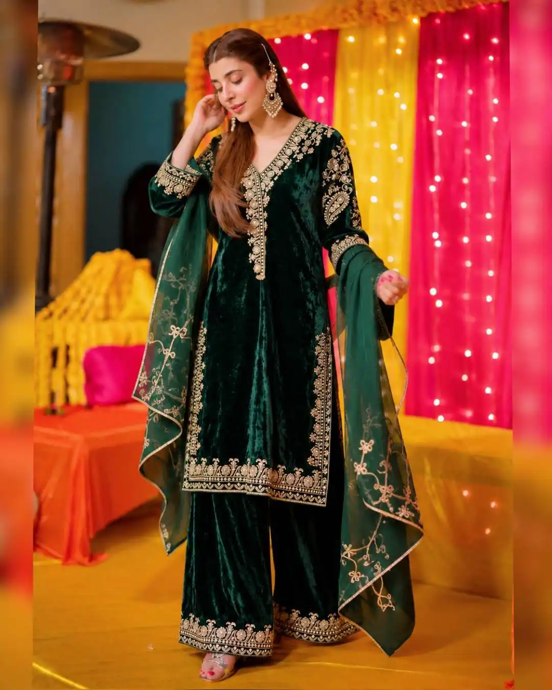 C585 1516 Premium Velvet With Sequins & Zari Embroidery Work Kurti Pant Dupatta Set Wholesale Surat
