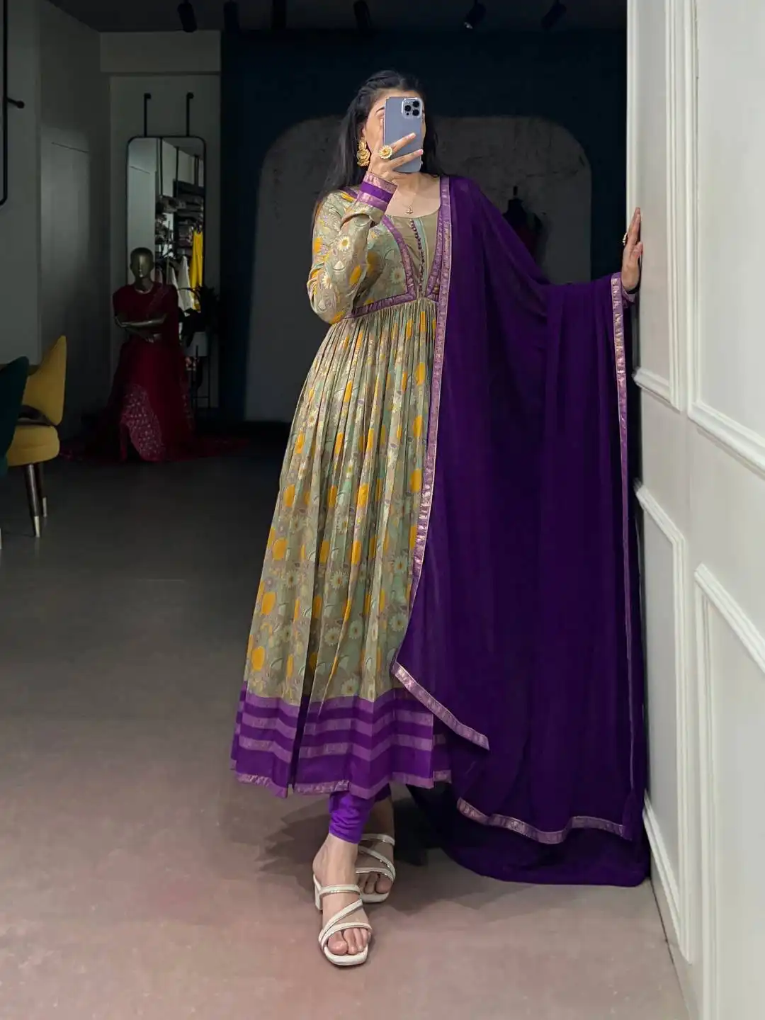 WMN 5007 Tasar Silk With Floral Print Gown Dupatta Wholesale Online Supplier