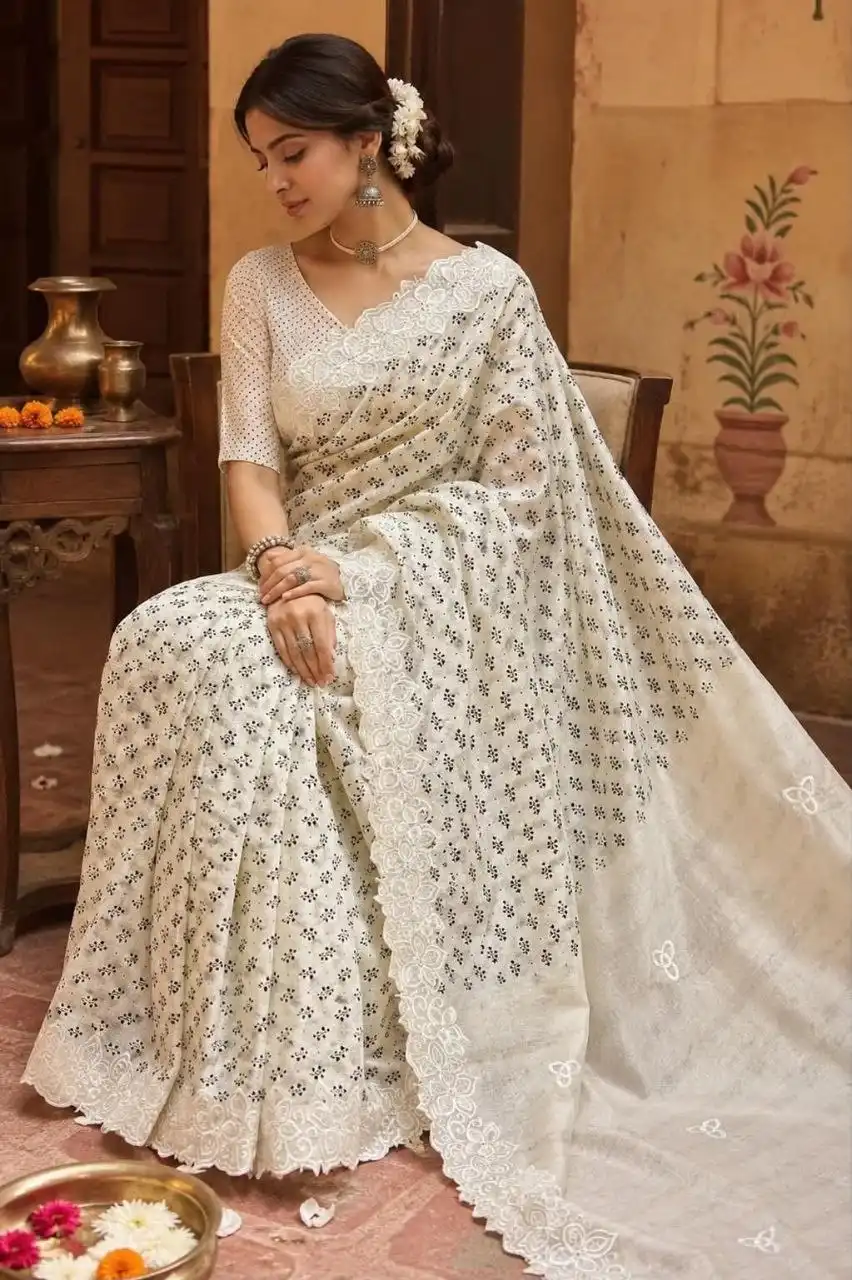 RGS 2310 Soft Tussar Silk With Embroidered Floral Cutwork Border Saree Wholesale Supplier